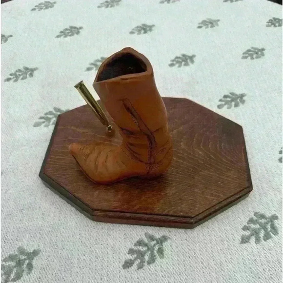 Western Cowboy Boot Pen Holder Figurine | Rustic Desk | Brown Resin on Wood Base - Picture 1 of 2